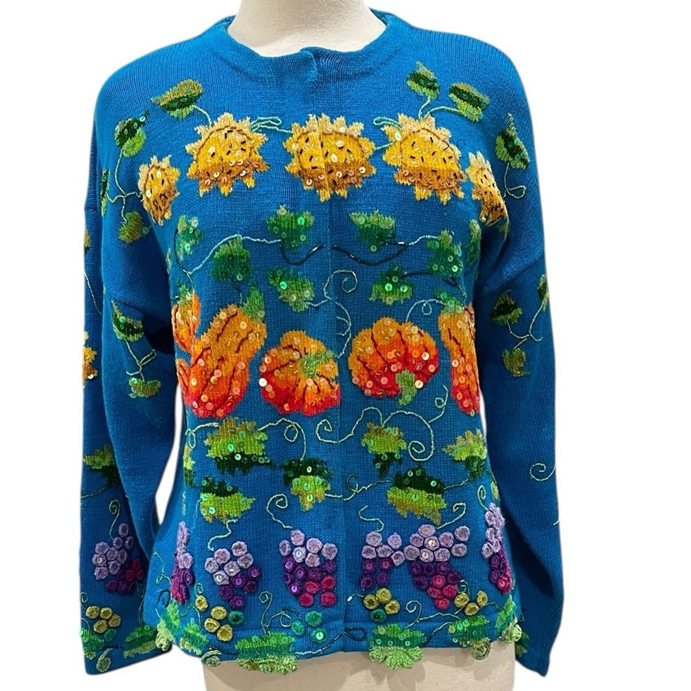 Jane’s Closet Harvest Fruit And Vegetables Embroidered Sequin Cardigan SZ XL